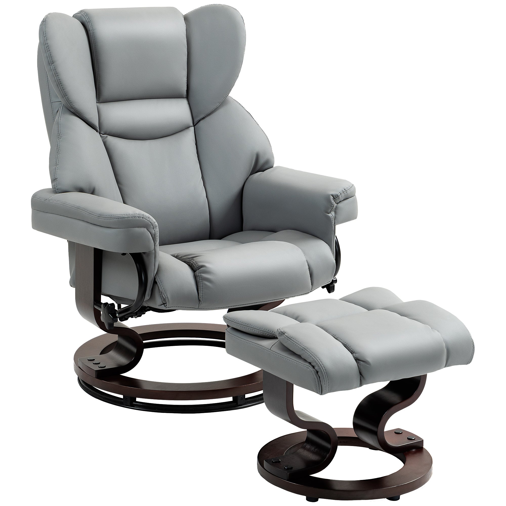HOMCOM 360° Swivel Recliner Chair with Footstool, PU Leather Manual Recliner Armchair with Footstool, Solid Wood Base, Upholstered Reclining Chair for Living Room, Bedroom, Office, Light Grey