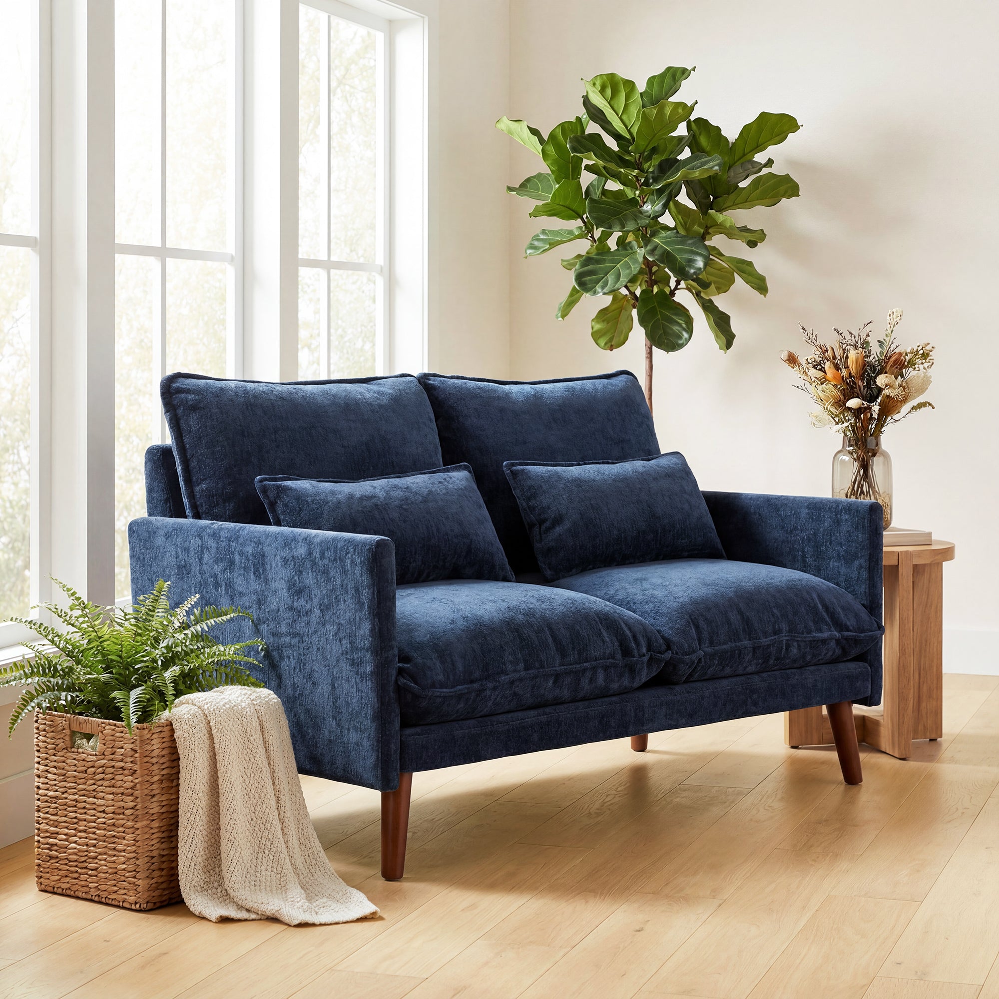 2 Seater Sofa, Loveseat Sofa with Spring Cushions, Wide and Deep Seat, Wood Legs, Blue