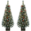Pair of 4ft pre-lit snowy pencil Christmas trees in retro pots with berries and pine cones