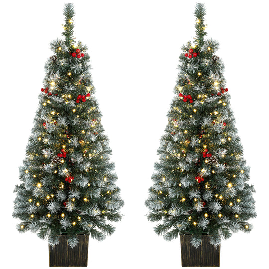 Pair of 4ft pre-lit snowy pencil Christmas trees in retro pots with berries and pine cones
