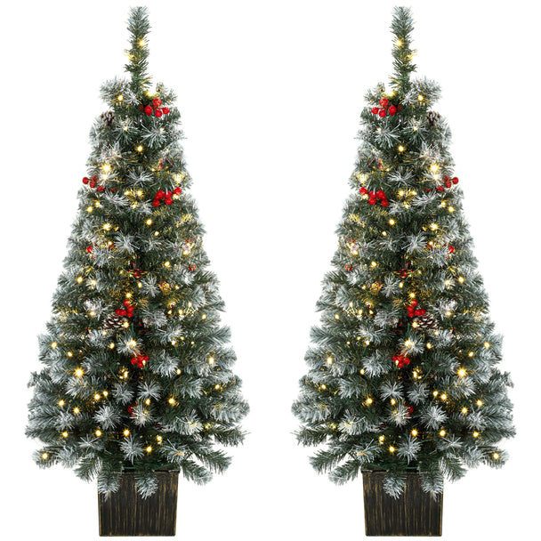 HOMCOM 4ft Pre-Lit Slim Artificial Christmas Tree Set of 2, with 100 Dual-Colour LED Lights, 140 Frosted Branch Tips