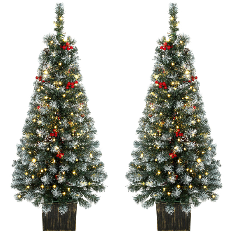 Pair of 4ft pre-lit snowy pencil Christmas trees in retro pots with berries and pine cones