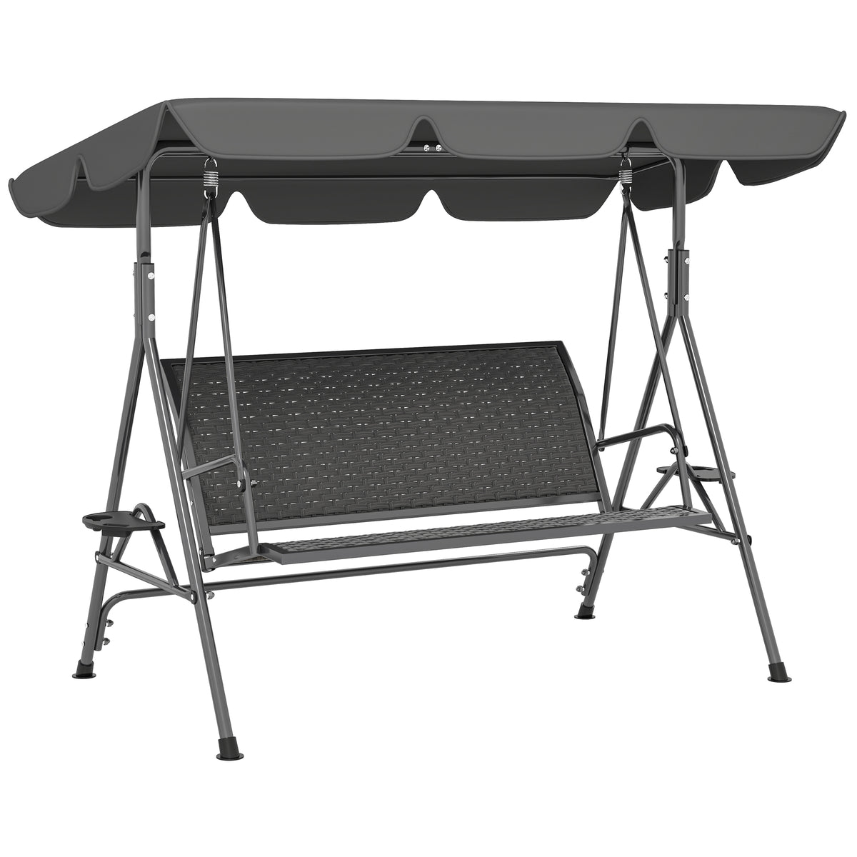 Grey 3-seater garden swing seat with PE rattan seat, tilting canopy and steel frame
