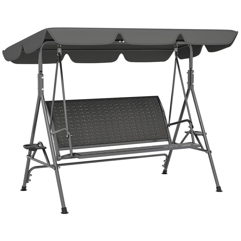 Grey 3-seater garden swing seat with PE rattan seat, tilting canopy and steel frame