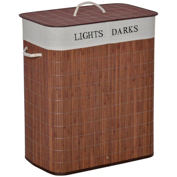 Brown 100L two-section bamboo laundry basket with lid and rope handles