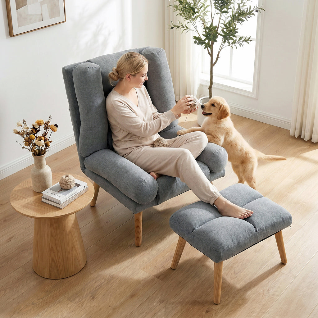 Recliner Chair with Footstool, Recliner Armchair with Adjustable Backrest, Thick Cushion and Wooden Legs, Grey