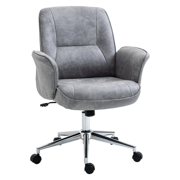 Light grey worn leather-look microfibre mid-back office chair with curved arms on a chrome five-wheel base