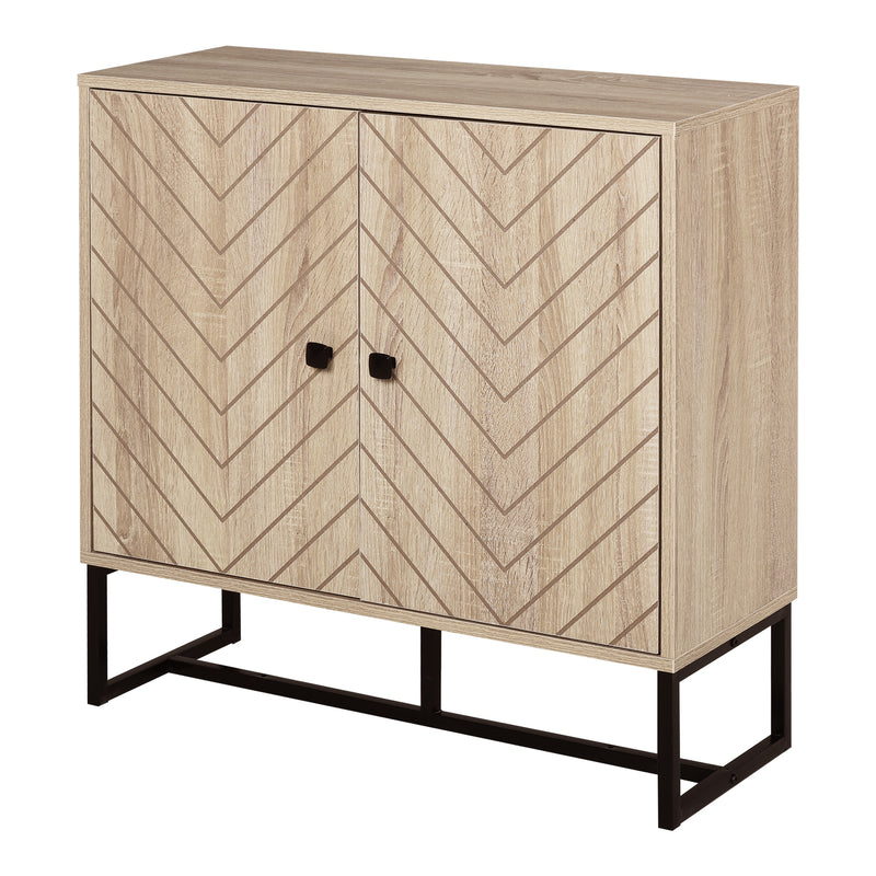 Oak-effect 2-door storage cabinet with embossed arrow pattern doors on a black steel base