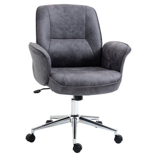 Charcoal grey worn leather-look microfibre mid-back office chair with curved arms on a chrome five-wheel base