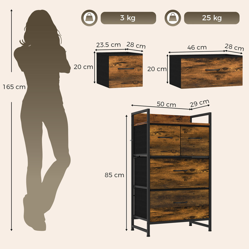 HOMCOM Rustic Chest of Four Fabric Drawers - Rustic Brown – view 3