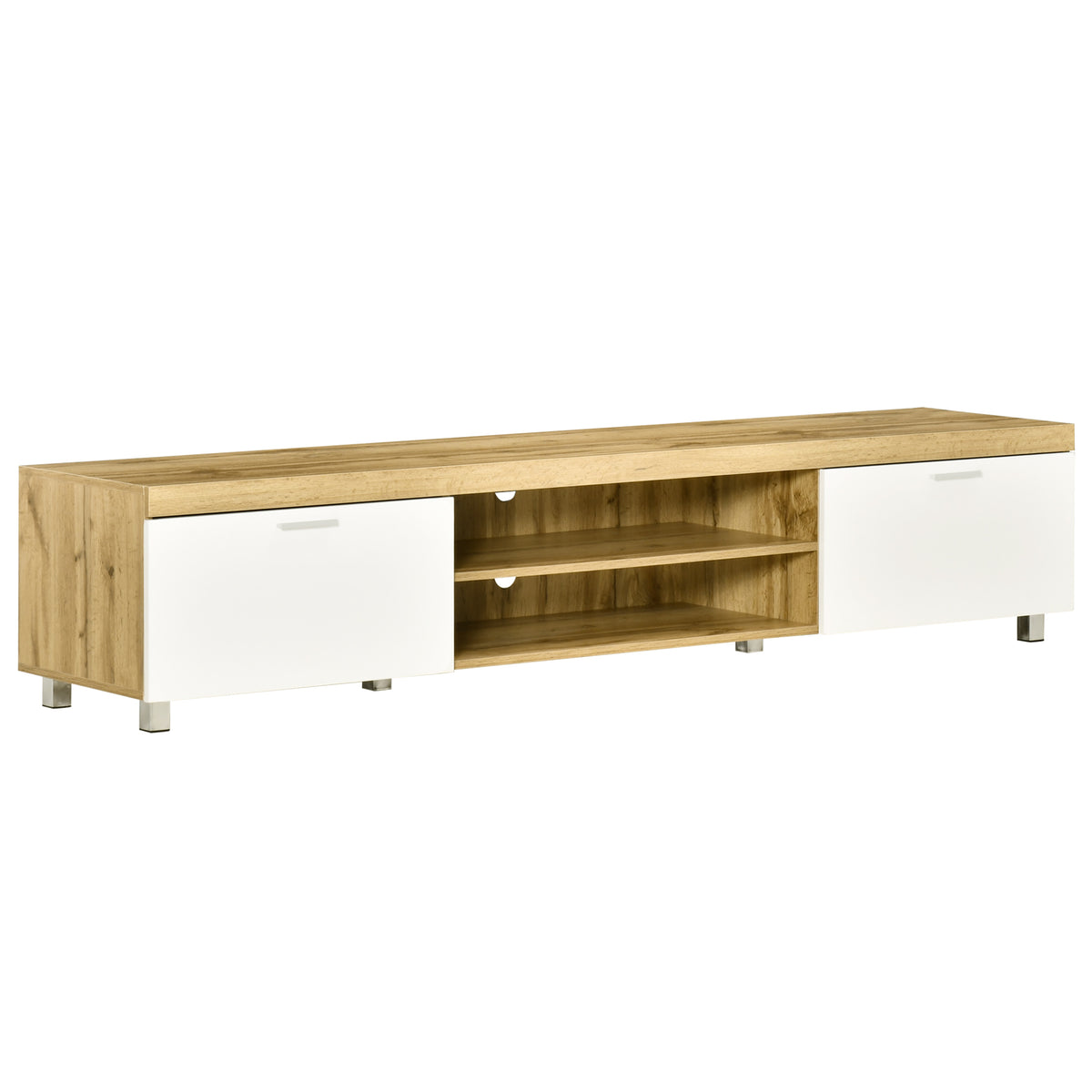 200 cm TV Unit with 2 Cabinets & Open Shelves – Oak