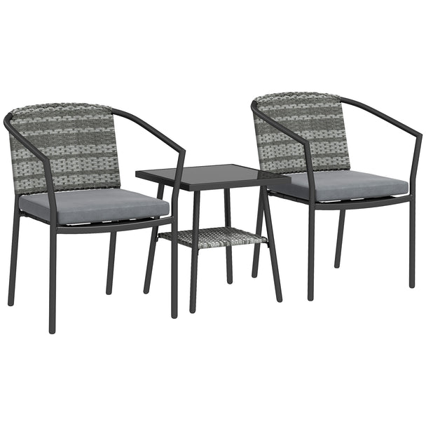 Grey rattan bistro set with two cushioned chairs and glass-top table with lower shelf