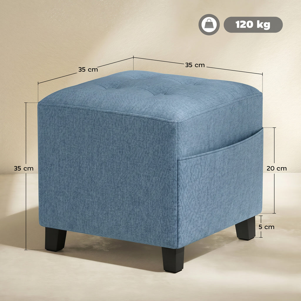 Small Ottoman, Square Footstool with Side Pocket, Rubber Wood Legs and Padded Seat for Living Room, Dark Blue