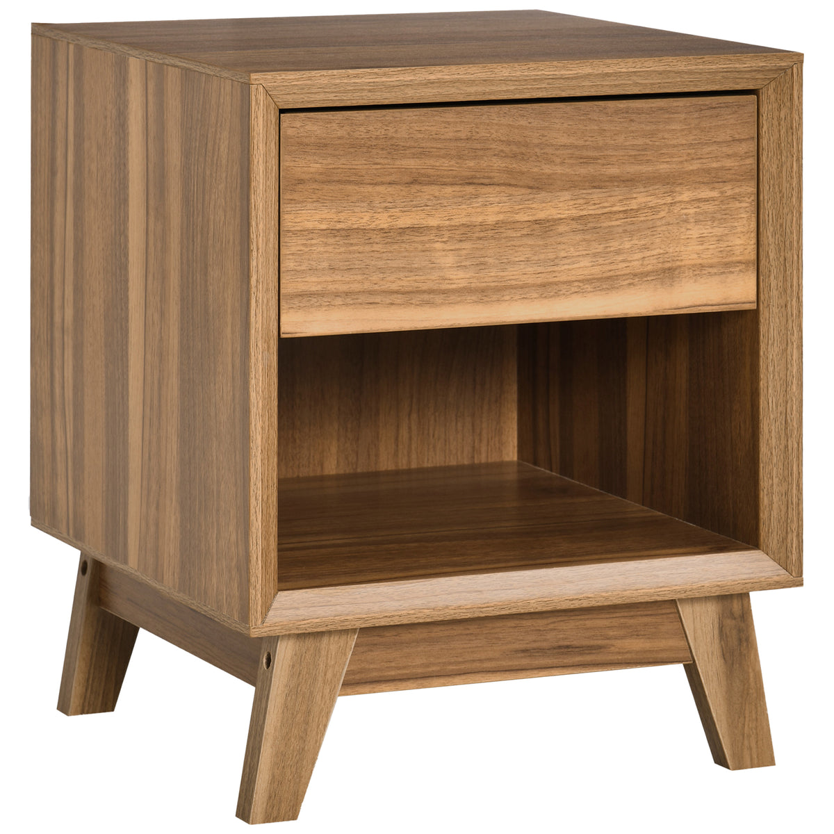 Walnut-effect bedside table with top drawer, open bottom shelf and angled legs