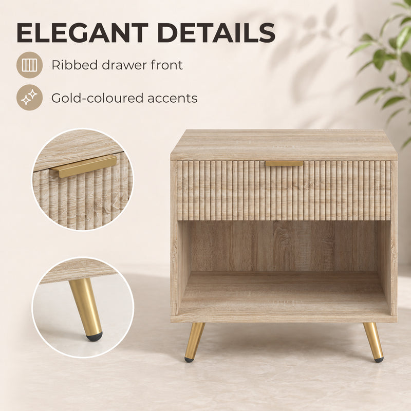 HOMCOM Bedside Table with Drawer and Open Compartment, Nightstand with Handle for Bedroom, Living Room, Natural Wood – view 4