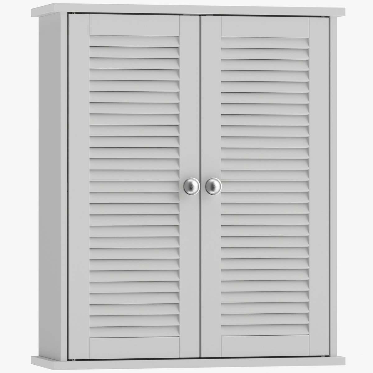 White wall-mounted bathroom cabinet with louvered double doors and adjustable shelf