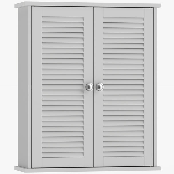 White wall-mounted bathroom cabinet with louvered double doors and adjustable shelf