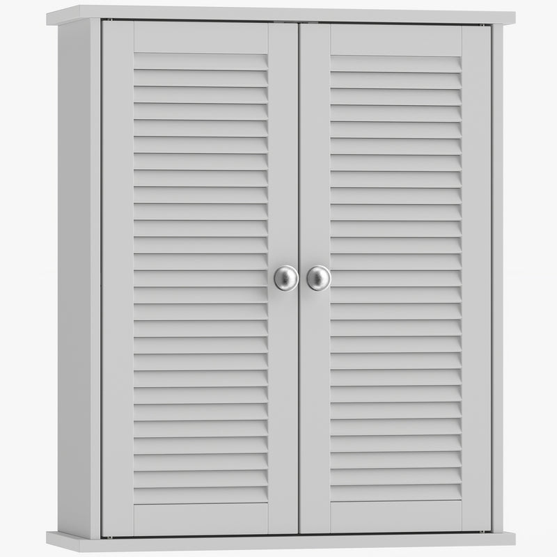 White wall-mounted bathroom cabinet with louvered double doors and adjustable shelf