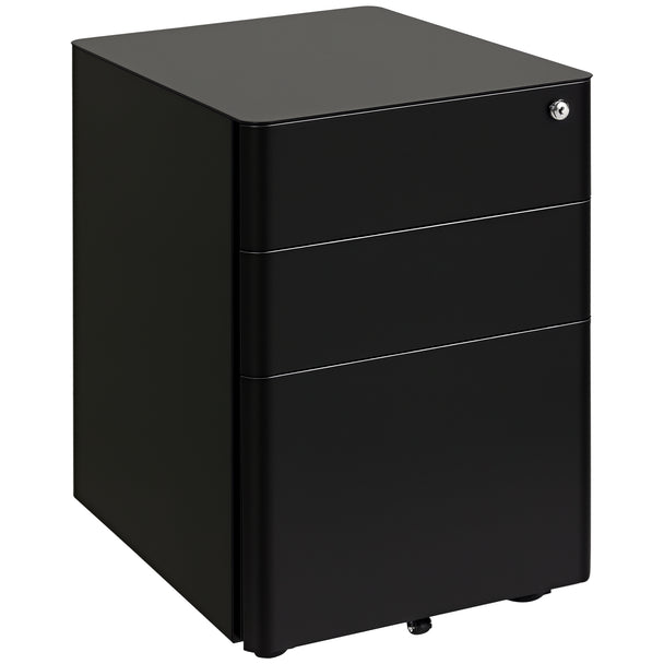 Black lockable steel 3-drawer filing cabinet on castor wheels with hanging file drawer