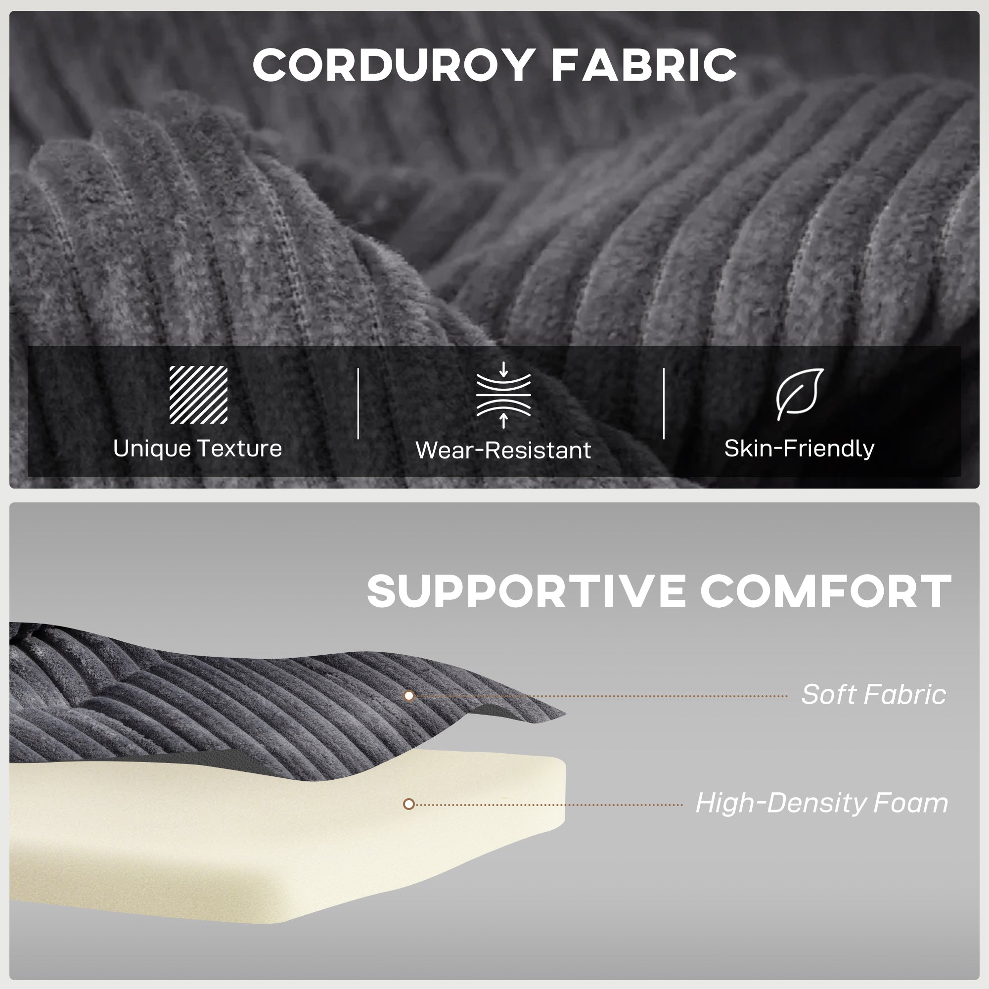 2 Seater Click Clack Sofa Bed with Pull Out Design, Corduroy Upholstery - Charcoal Grey