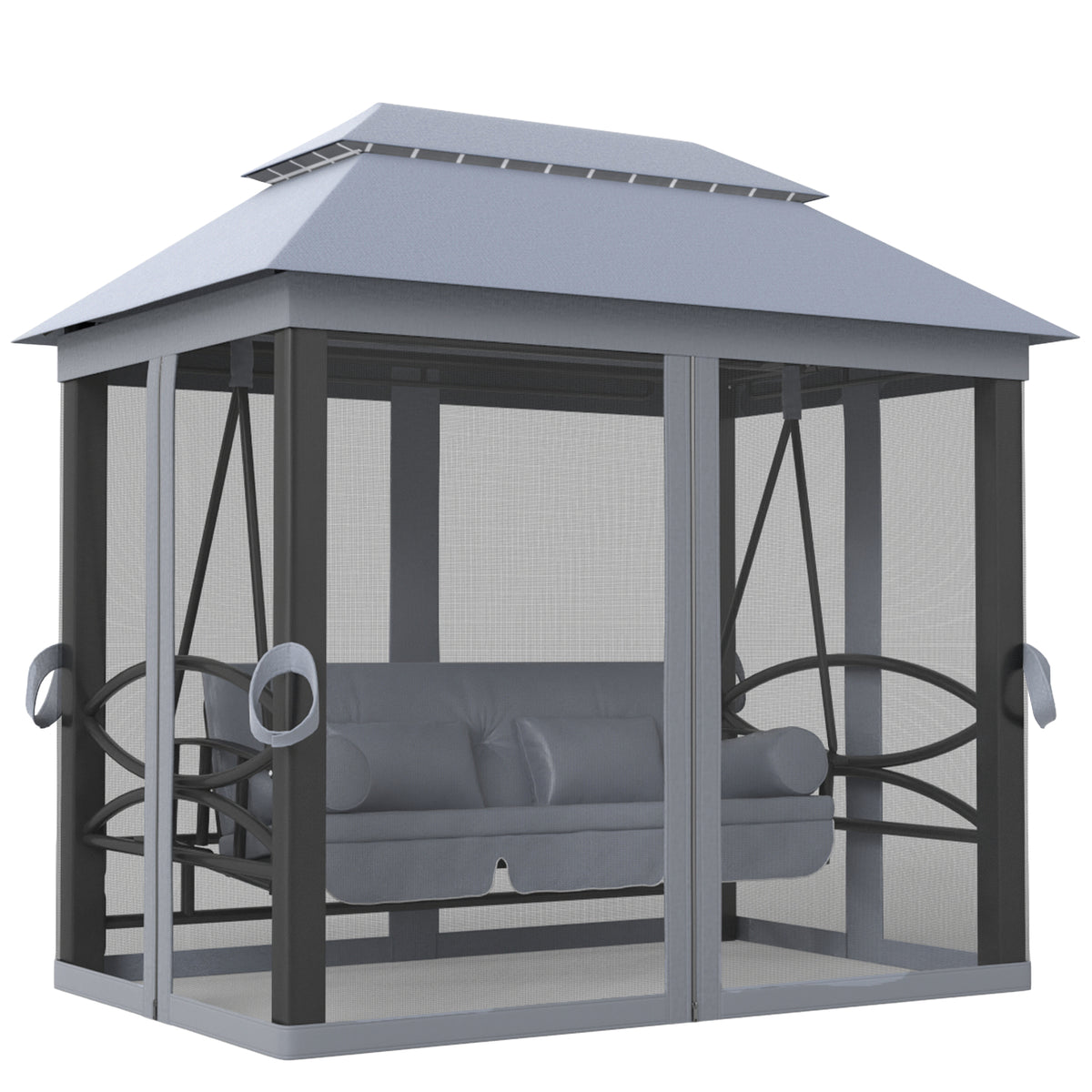 Grey 3-in-1 swing seat gazebo with double-tier canopy, zipped mesh curtains and cushioned bench