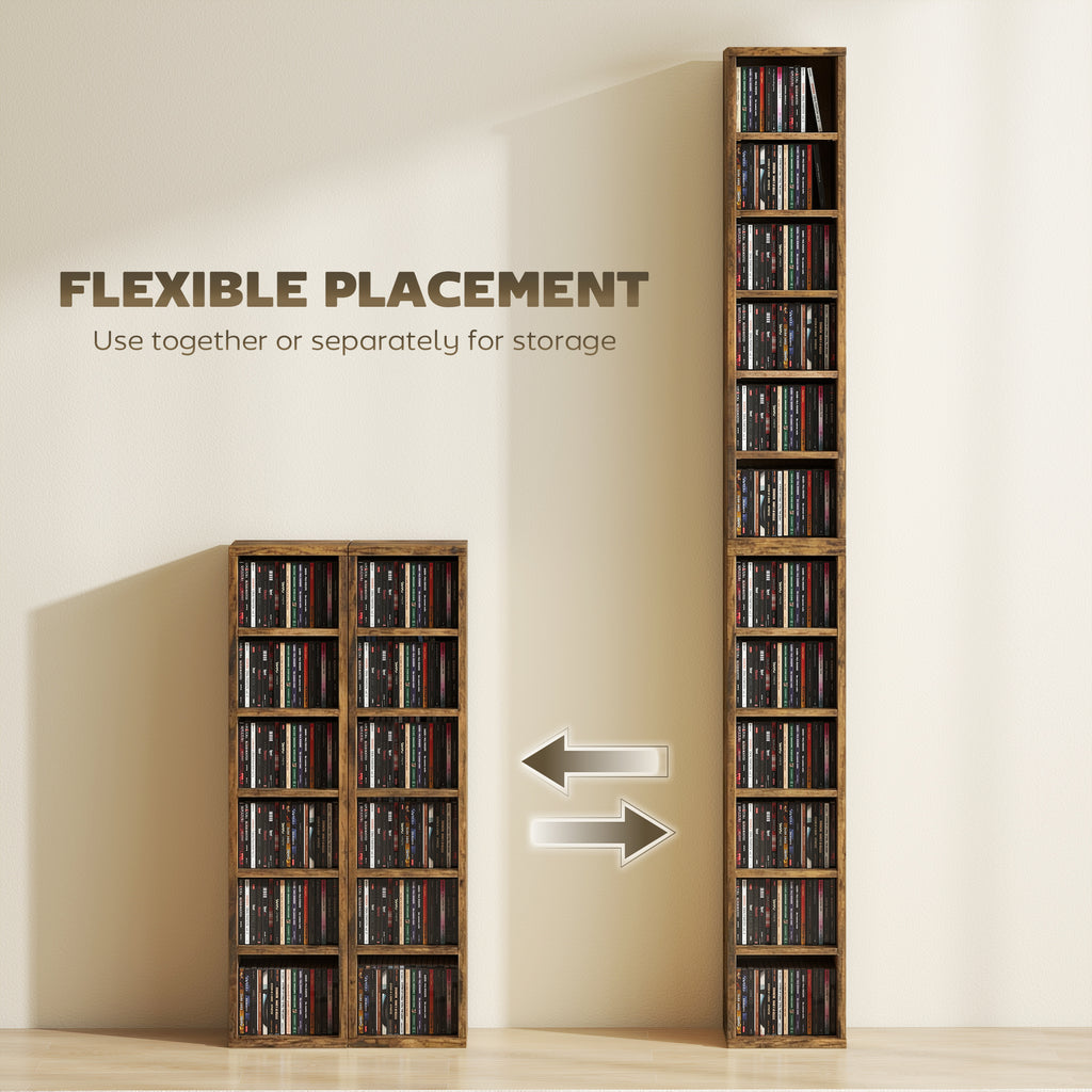 Set of 2 CD Media Display Shelf Unit Tower Rack with Adjustable Shelves, Rustic Brown