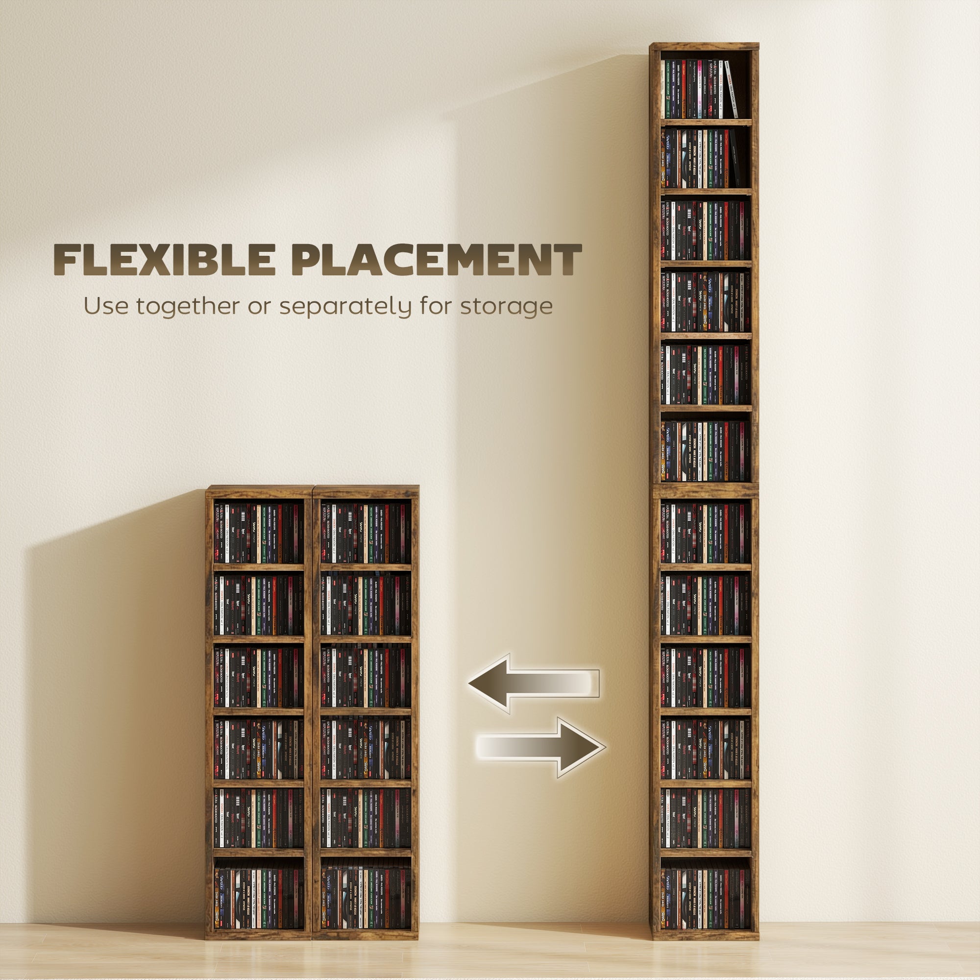 Set of 2 CD Media Display Shelf Unit Tower Rack with Adjustable Shelves, Rustic Brown