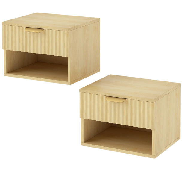 HOMCOM Floating Nightstands Set of 2, Modern Wall-Mounted Bedside Tables with Fluted Drawer and Open Shelf for Bedroom