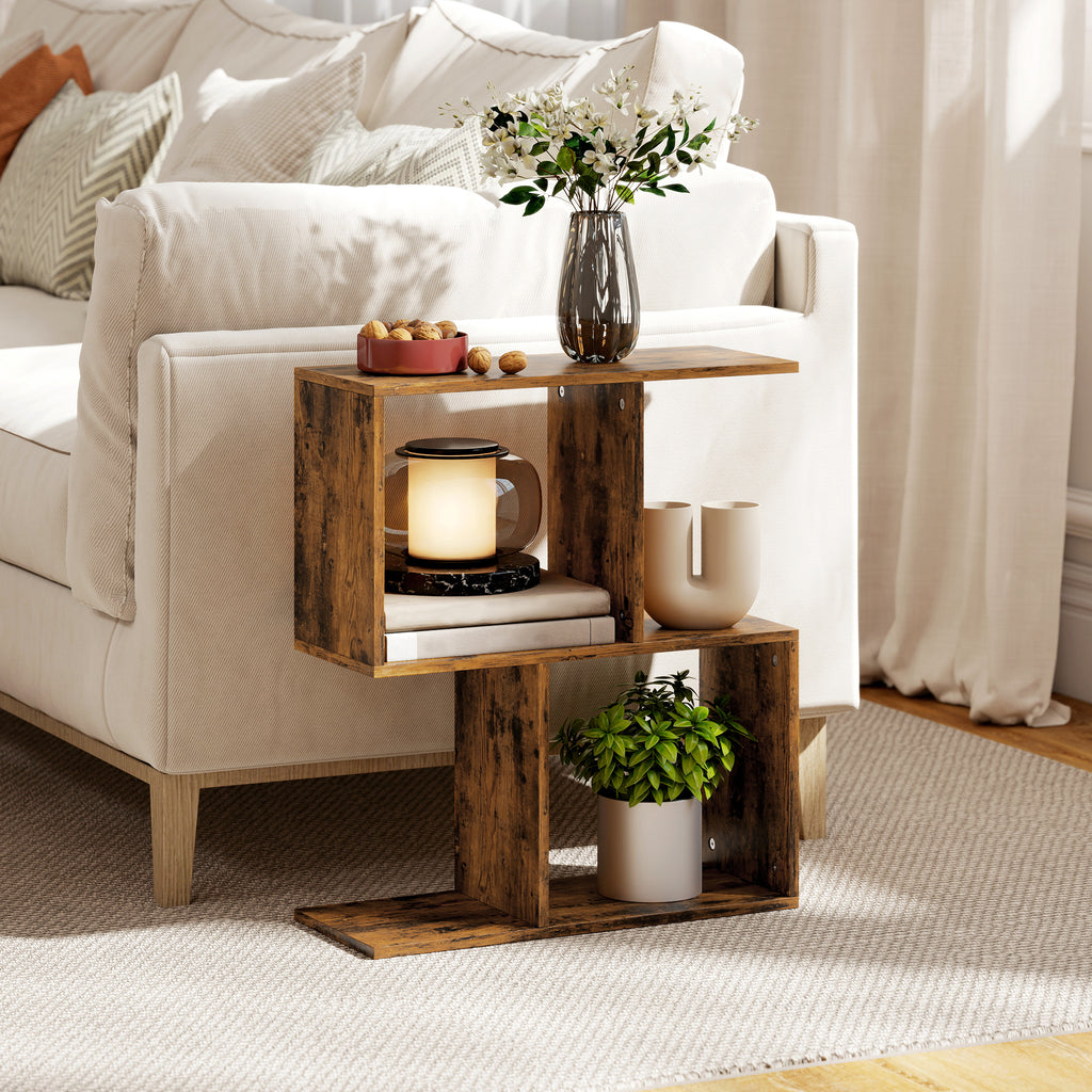 Side Table, Narrow End Table with Storage Shelves, S-Shaped, 3-Tier, 50W x 19.5D x 58H cm, Rustic Brown