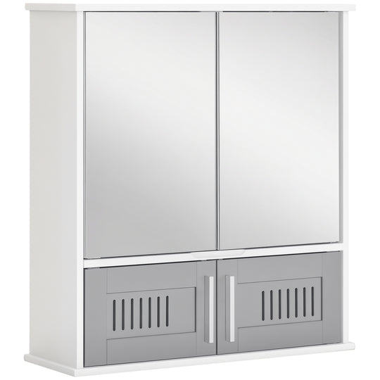 Grey wall-mounted bathroom mirror cabinet with two mirrored doors and vented lower compartment