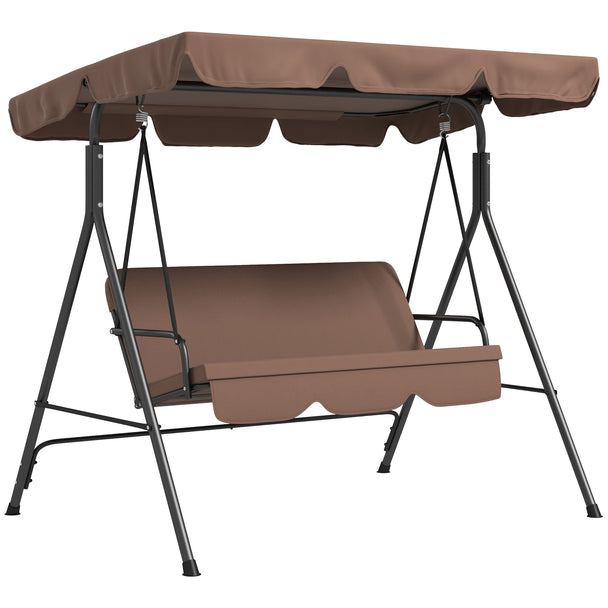 Brown striped 3-seater garden swing seat with adjustable canopy and high-back cushion