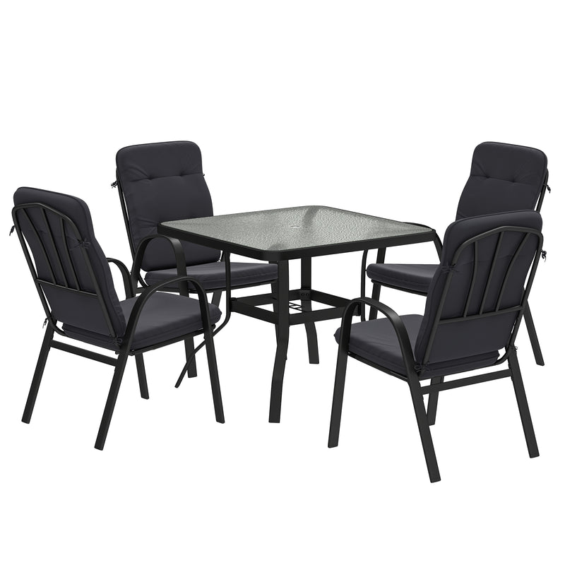 5-piece square garden dining set with black steel table and four high-back cushioned armchairs