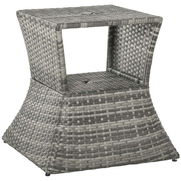 Grey rattan garden side table with parasol hole and open middle shelf