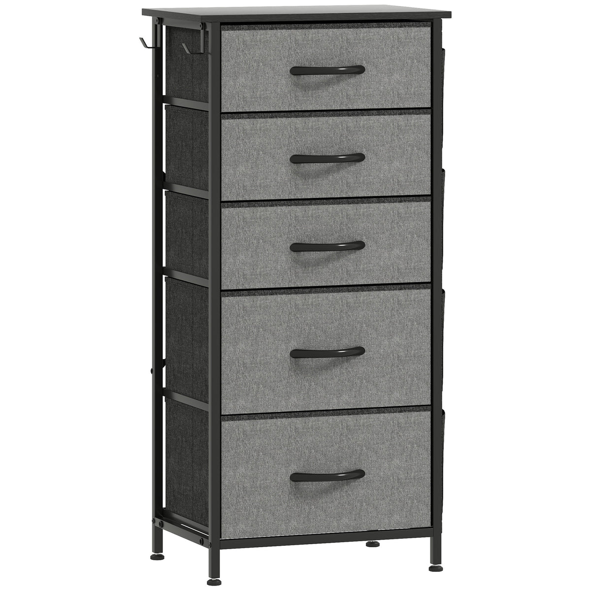 Slim charcoal grey 5-drawer fabric chest of drawers with side pockets and black steel frame