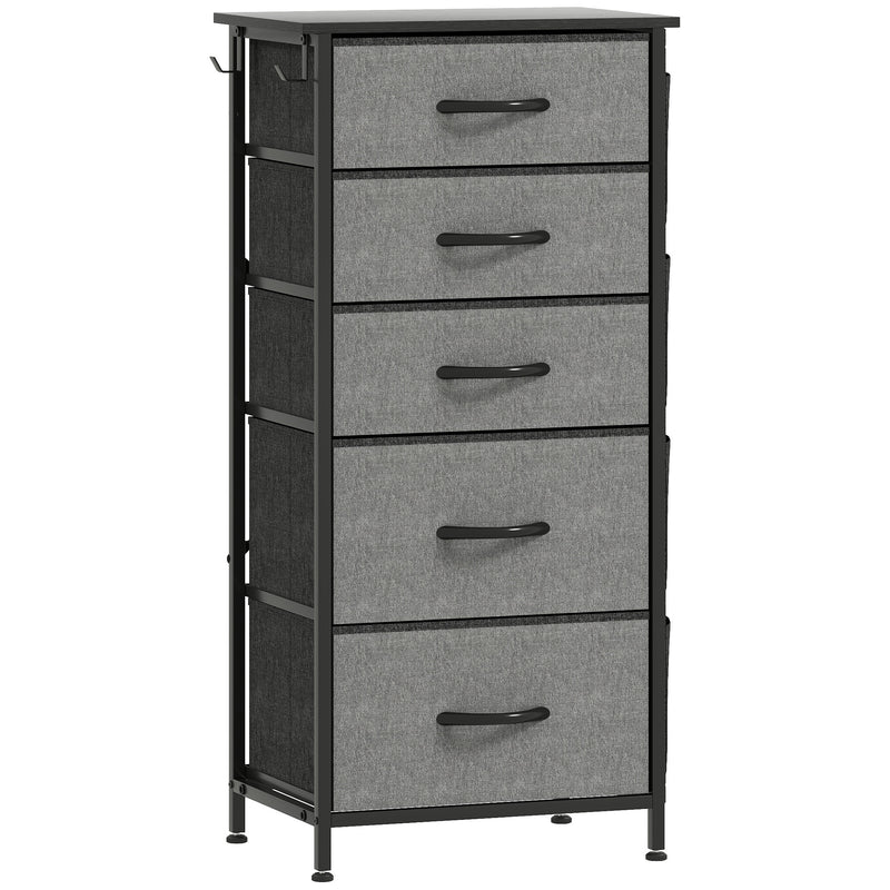Slim charcoal grey 5-drawer fabric chest of drawers with side pockets and black steel frame