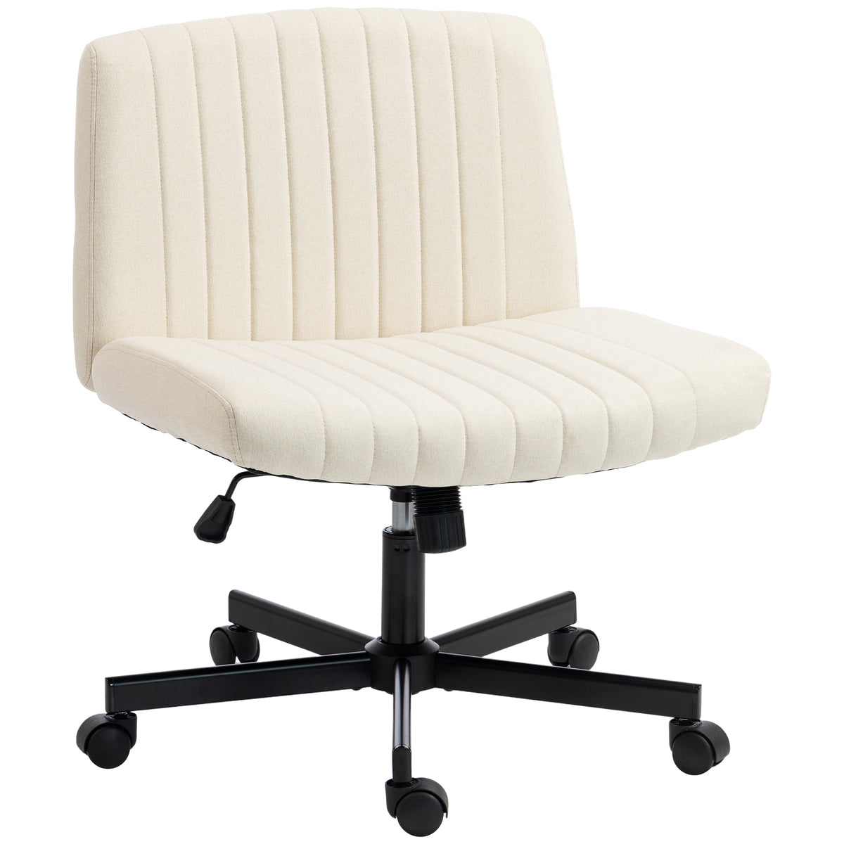 HOMCOM Imitation Linen Criss Cross Legged Desk Chair, Armless Office Chair with Wheels, Cream