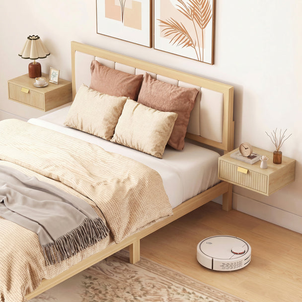HOMCOM Modern Floating Nightstands Set of 2, Wall Mounted Bedside Tables with Wave Drawer Oak – view 2