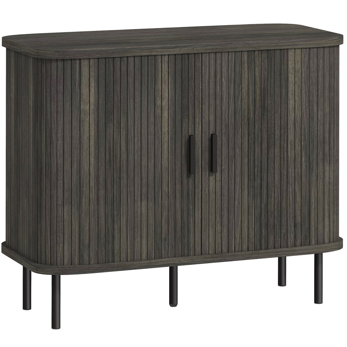 Grey mid-century sideboard with slatted tambour sliding doors and black steel legs