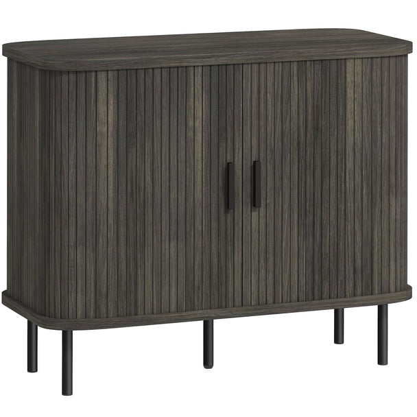 Grey mid-century sideboard with slatted tambour sliding doors and black steel legs