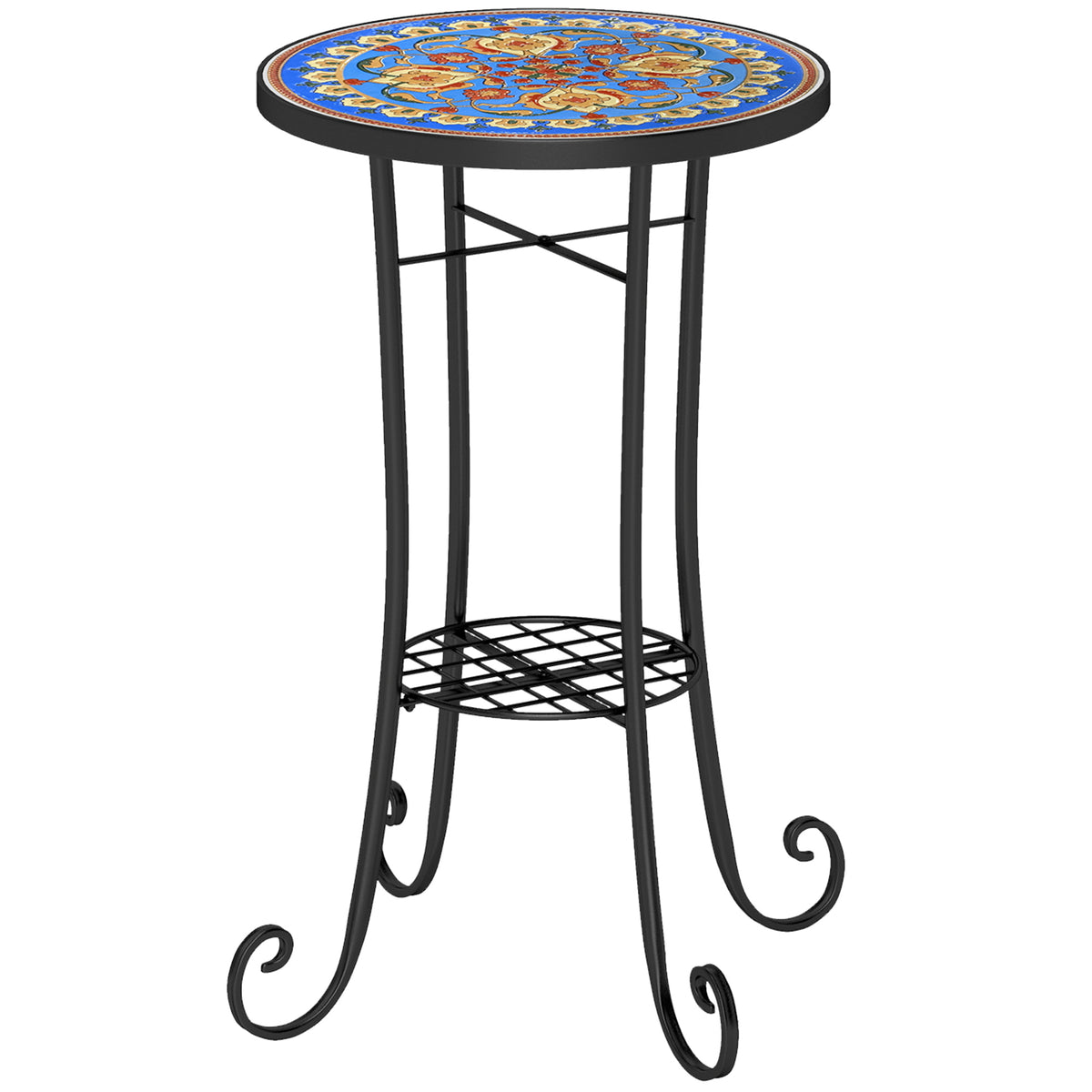 Round blue mosaic garden side table with ceramic tile top, curved black metal legs and lower shelf