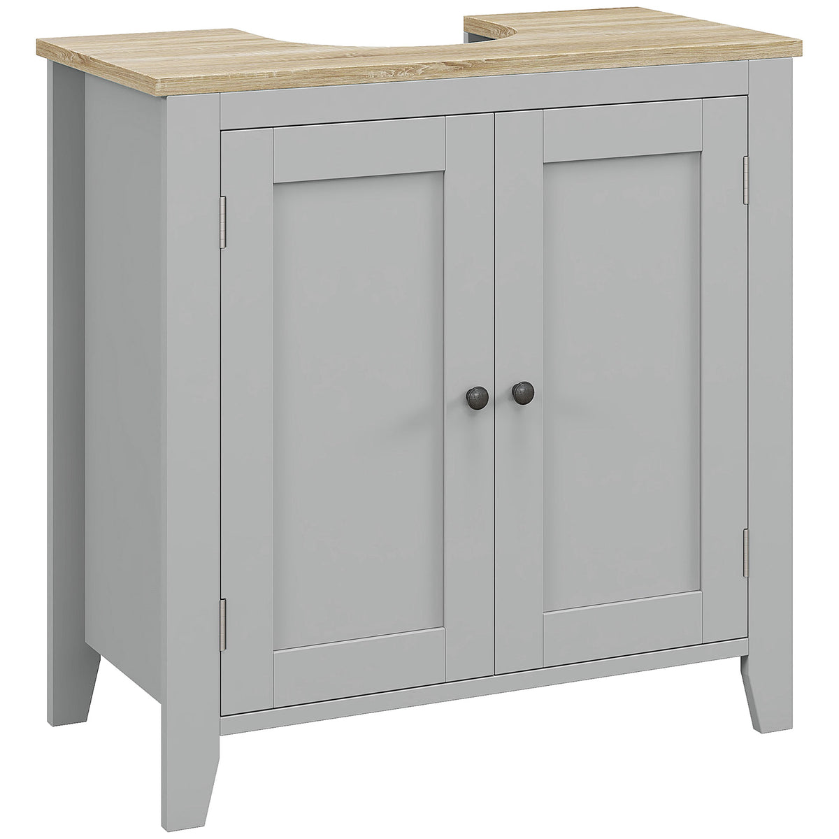 Grey two-door under sink bathroom cabinet with wood-effect top and U-shaped pipe cut-out