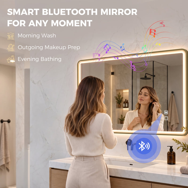 HOMCOM Bathroom Mirror with LED Lights, 100x70cm Rectangle Bathroom Mirror, Dimmable, Bluetooth, Anti-Fog, Gold Tone – view 4