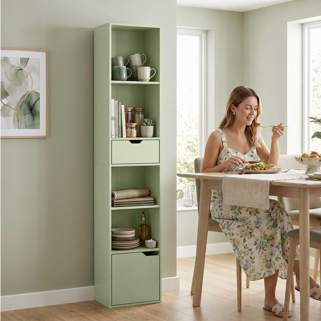 6-Tier Bookcase, Tall Narrow Bookshelf with Drawer and Door - Green
