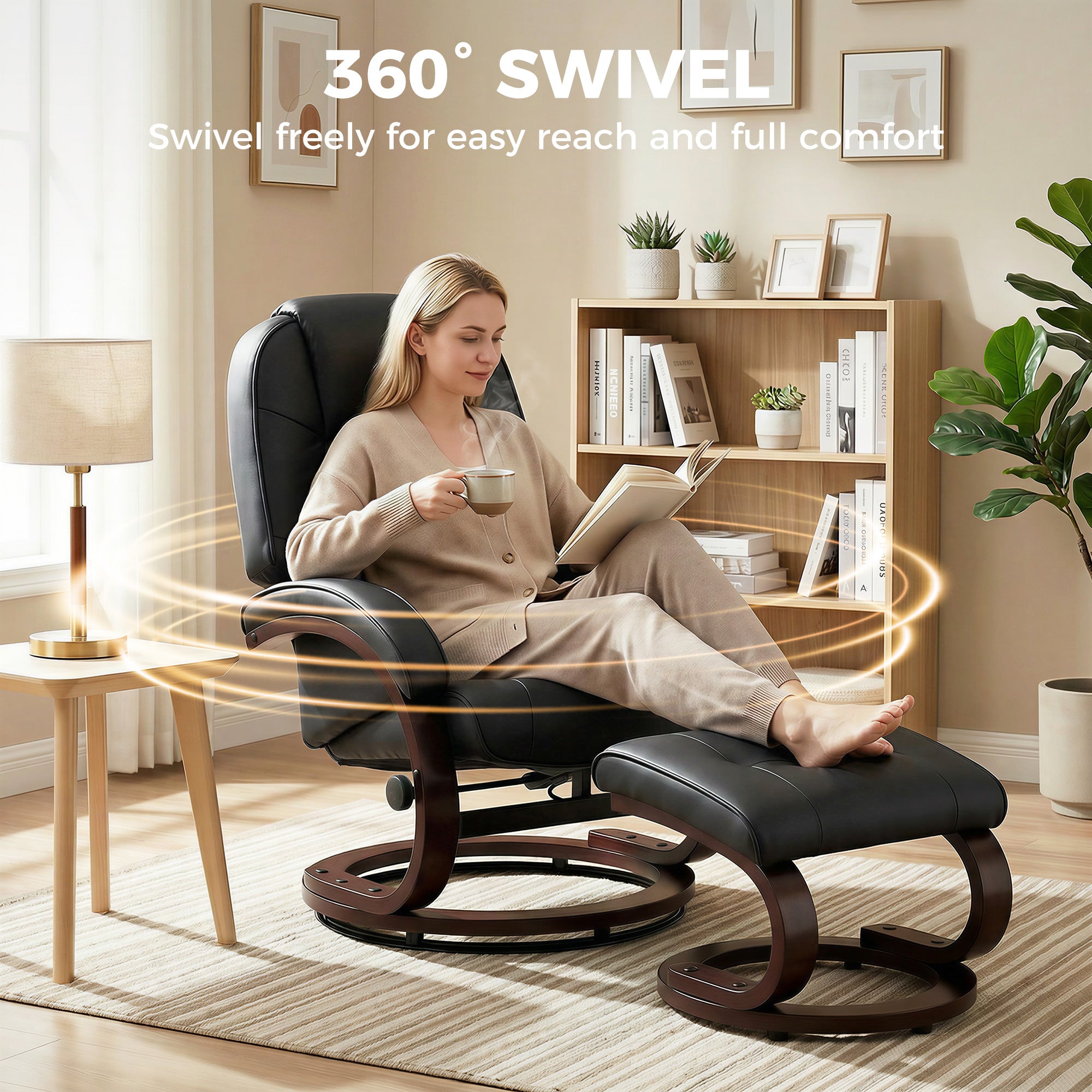 Swivel Recliner Chair with Footstool, PU Leather Recliner Armchair with Adjustable Back and Wood Frame, Black