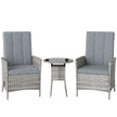 Outsunny Rattan Bistro Set, Reclining Garden Chairs and Glass Coffee Table with Cushions for Patio Balcony Porch, Light
