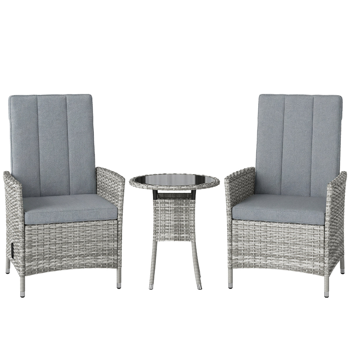 Outsunny Rattan Bistro Set, Reclining Garden Chairs and Glass Coffee Table with Cushions for Patio Balcony Porch, Light
