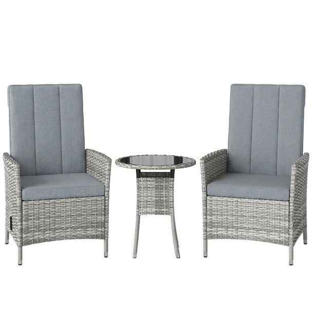 Outsunny Rattan Bistro Set, Reclining Garden Chairs and Glass Coffee Table with Cushions for Patio Balcony Porch, Light