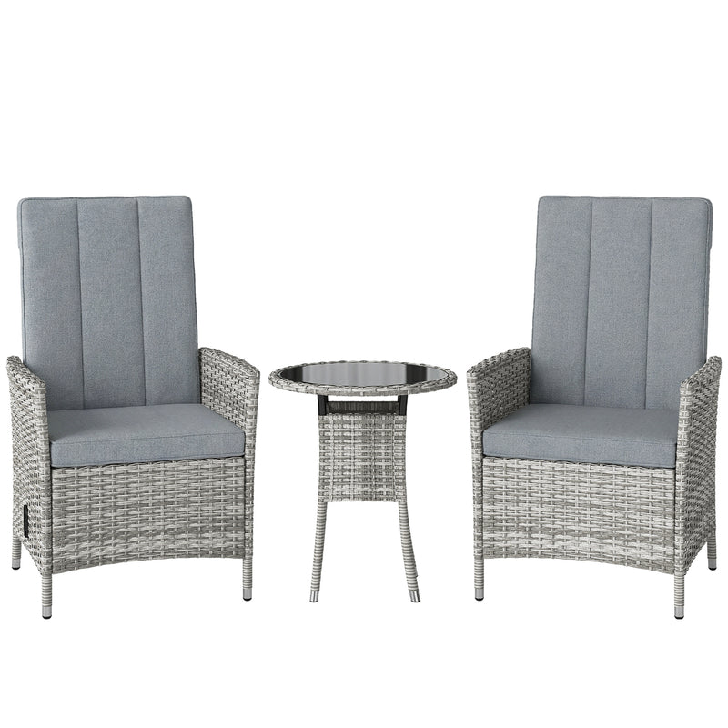 Outsunny Rattan Bistro Set, Reclining Garden Chairs and Glass Coffee Table with Cushions for Patio Balcony Porch, Light