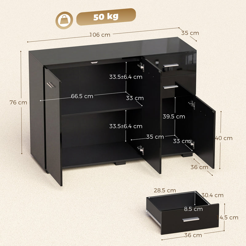 HOMCOM Sideboard, Modern Storage Cabinet with 2 Drawers, 3 Doors and Adjustable Shelves, High Gloss Black – view 3