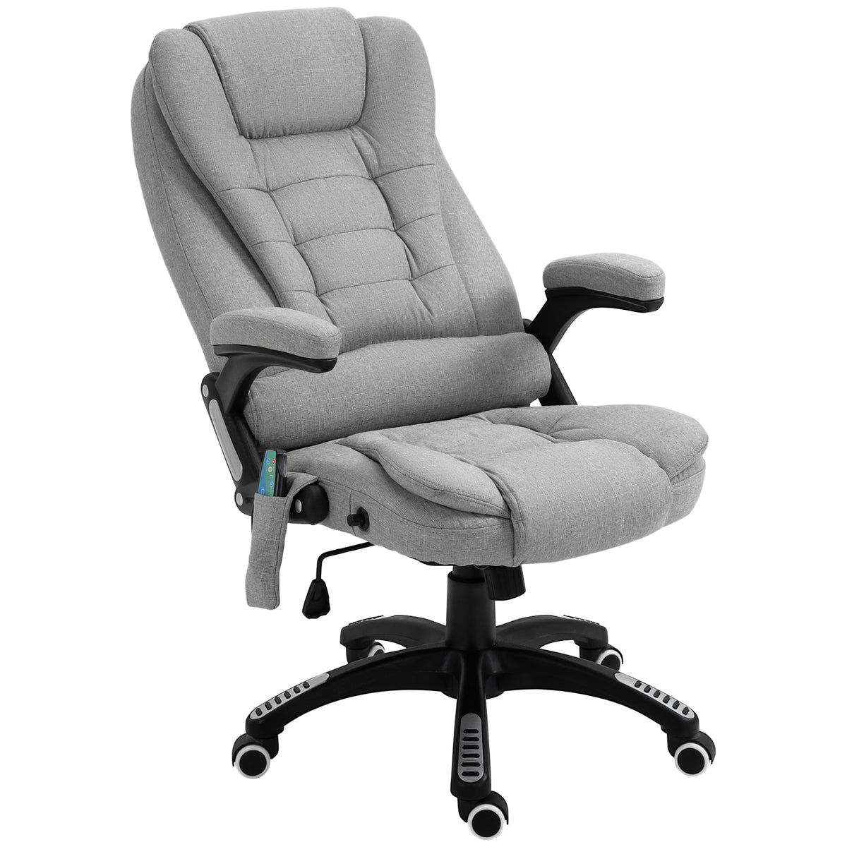 Light grey fabric heated massage recliner office chair with padded armrests, high back and remote
